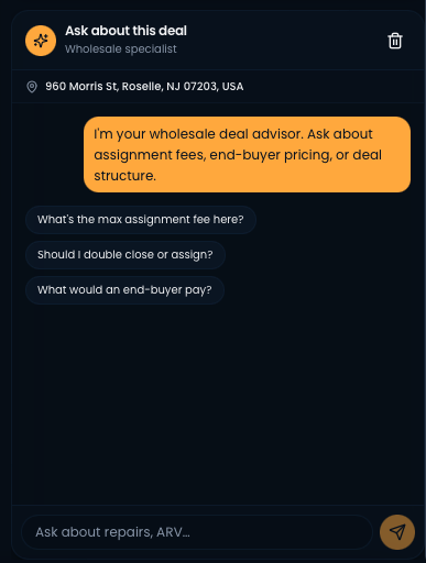 AI deal chat showing wholesale specialist advisor with suggested questions about assignment fees and deal structure