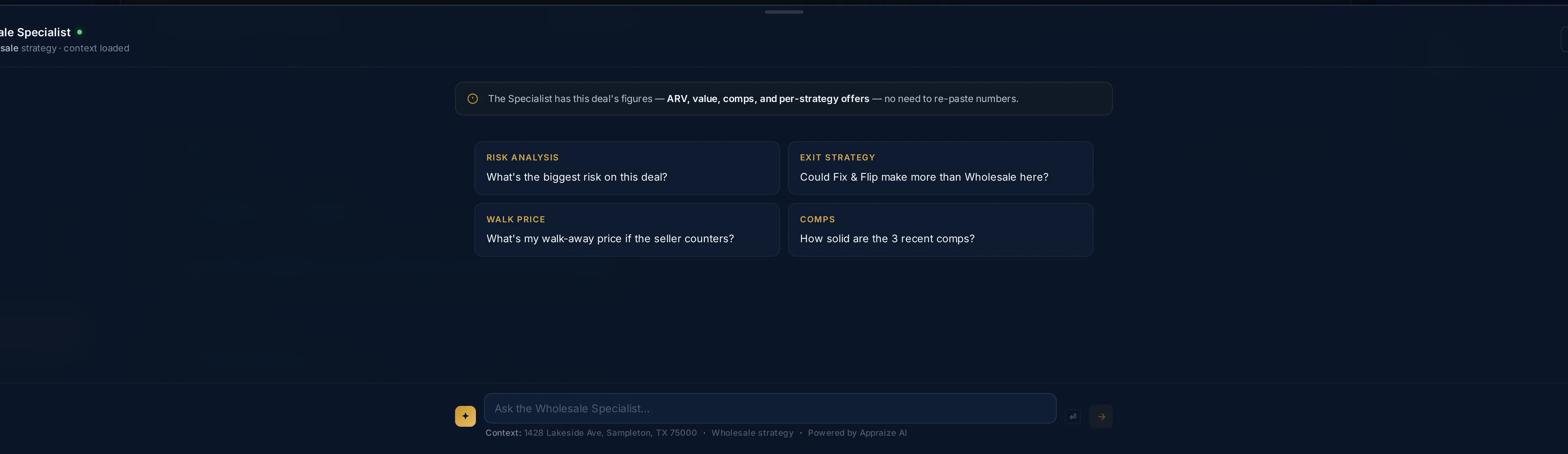 AI deal chat showing wholesale specialist advisor with suggested questions about assignment fees and deal structure