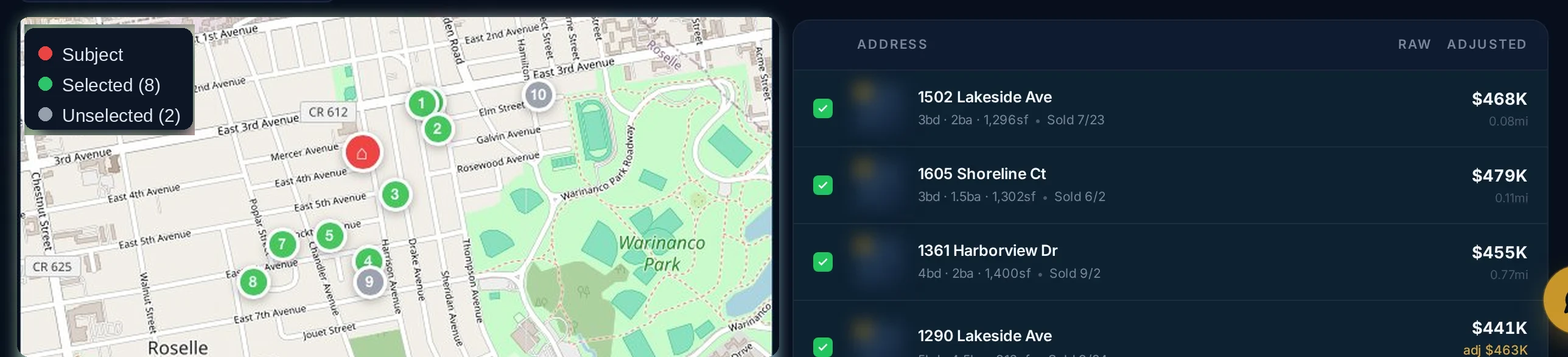 Appraize comps map view showing comparable properties plotted on a map with MLS data and confidence scores