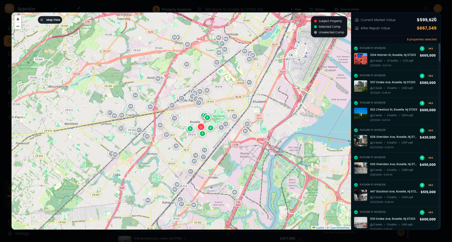 Interactive comps map showing comparable properties plotted with MLS data, sale prices, and inclusion toggles