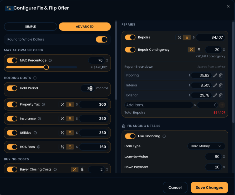 Advanced configuration modal showing MAO slider, holding costs, repair breakdown, and financing details