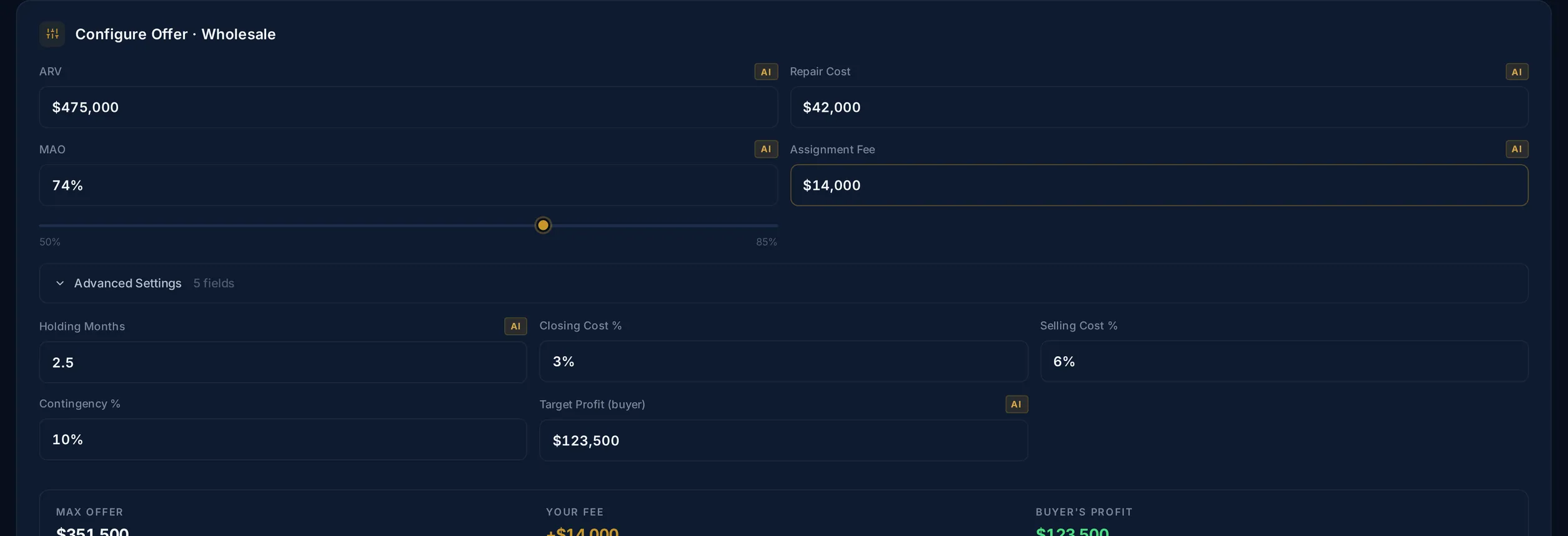 Advanced configuration modal showing MAO slider, holding costs, repair breakdown, and financing details