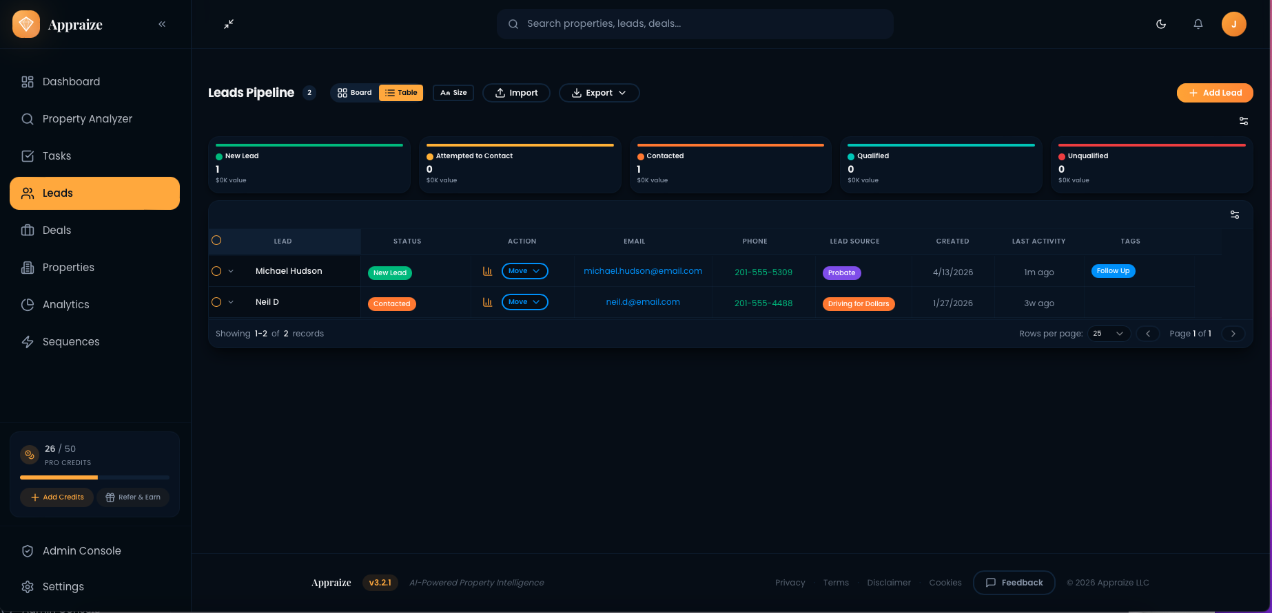 Investor CRM leads pipeline showing lead statuses, contact details, lead sources, and activity tracking