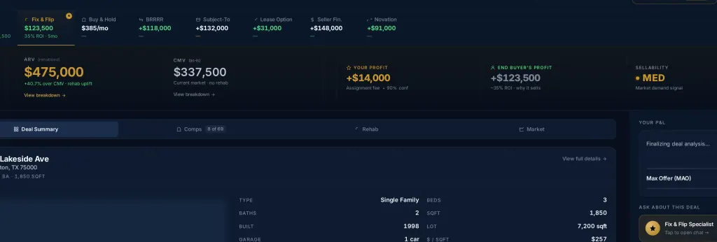 Appraize showing all 8 exit-strategy tabs, a metric hero with deal totals, and deal navigation