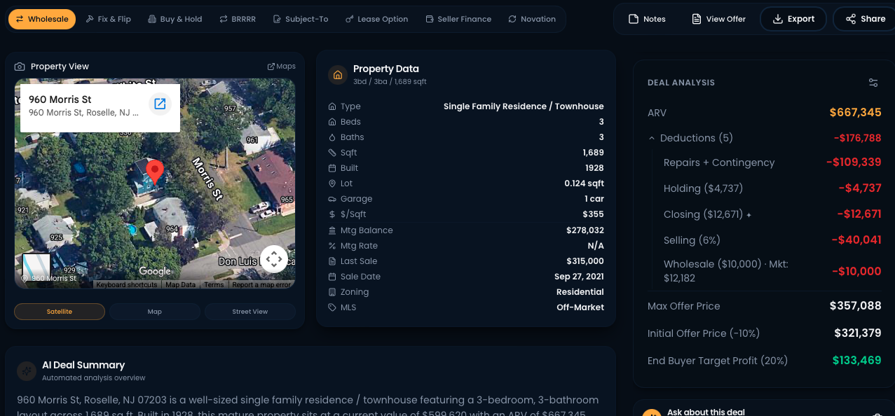 Appraize showing all 8 exit strategy tabs with property view, deal analysis panel, and real-time calculations
