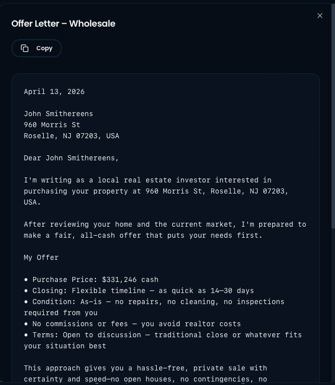 Generated offer letter showing purchase price, closing terms, and personalized investor message