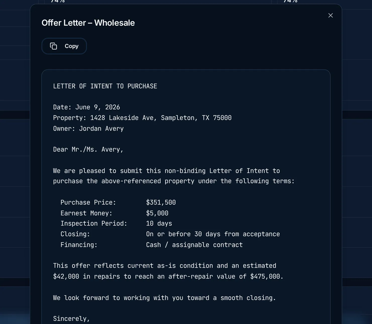 Generated offer letter showing purchase price, closing terms, and personalized investor message