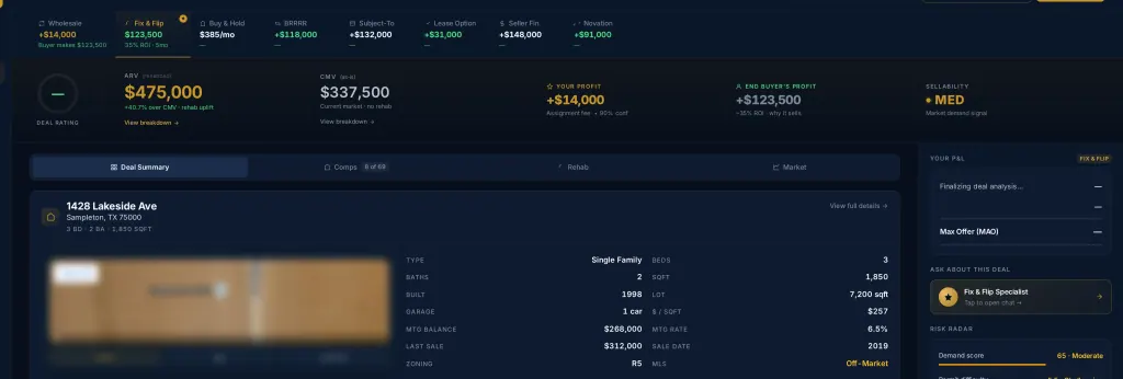 Appraize deal analyzer showing property data, 8 exit-strategy tabs, deal-analysis panel, and P&L summary