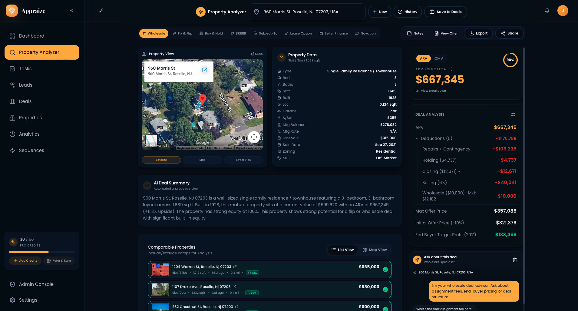 Appraize property analyzer showing satellite map, property data panel, deal analysis breakdown, comparable properties, and AI chat sidebar